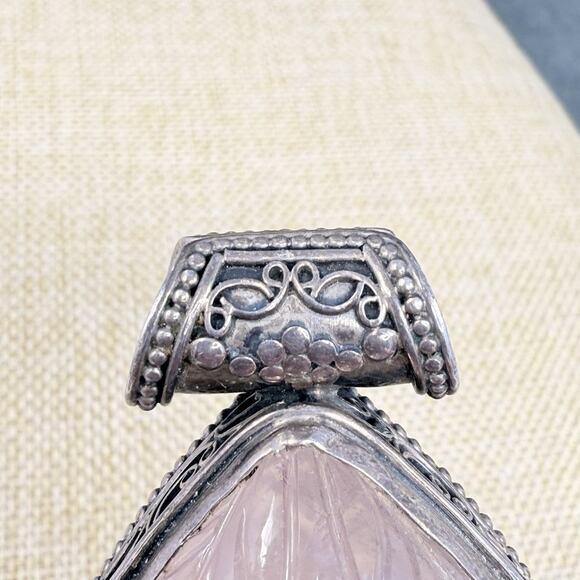 Vitnage Large Teardrop Carved Rose Quartz Sterling Silver Pendant Over 3 Inch - Picture 6 of 11